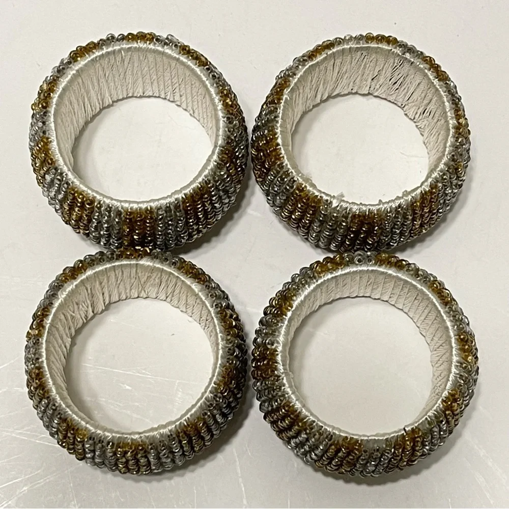 Pier 1 Seed Beaded Napkin Rings Gold & Silver Festive Elegant Fancy Formal 4 Set
